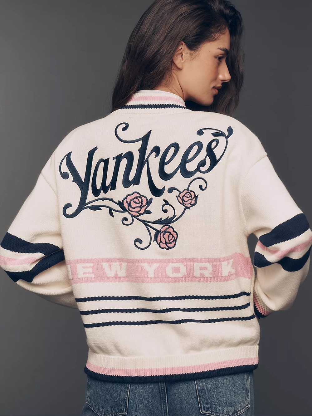 Anthropologie The Wild Collective Jacquard Varsity Bomber Jacket Yankees